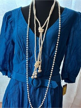 Taylor Brand Size 12 Blue Textured Belted Dress with Pearl Necklaces
